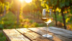 Photo of a glass of wine at vineyard in Ohio at sunset
