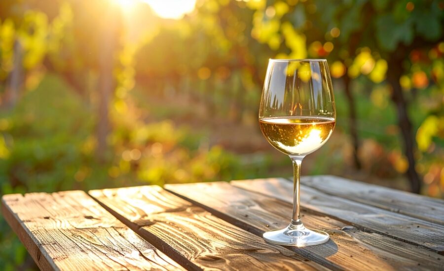 Photo of a glass of wine at vineyard in Ohio at sunset